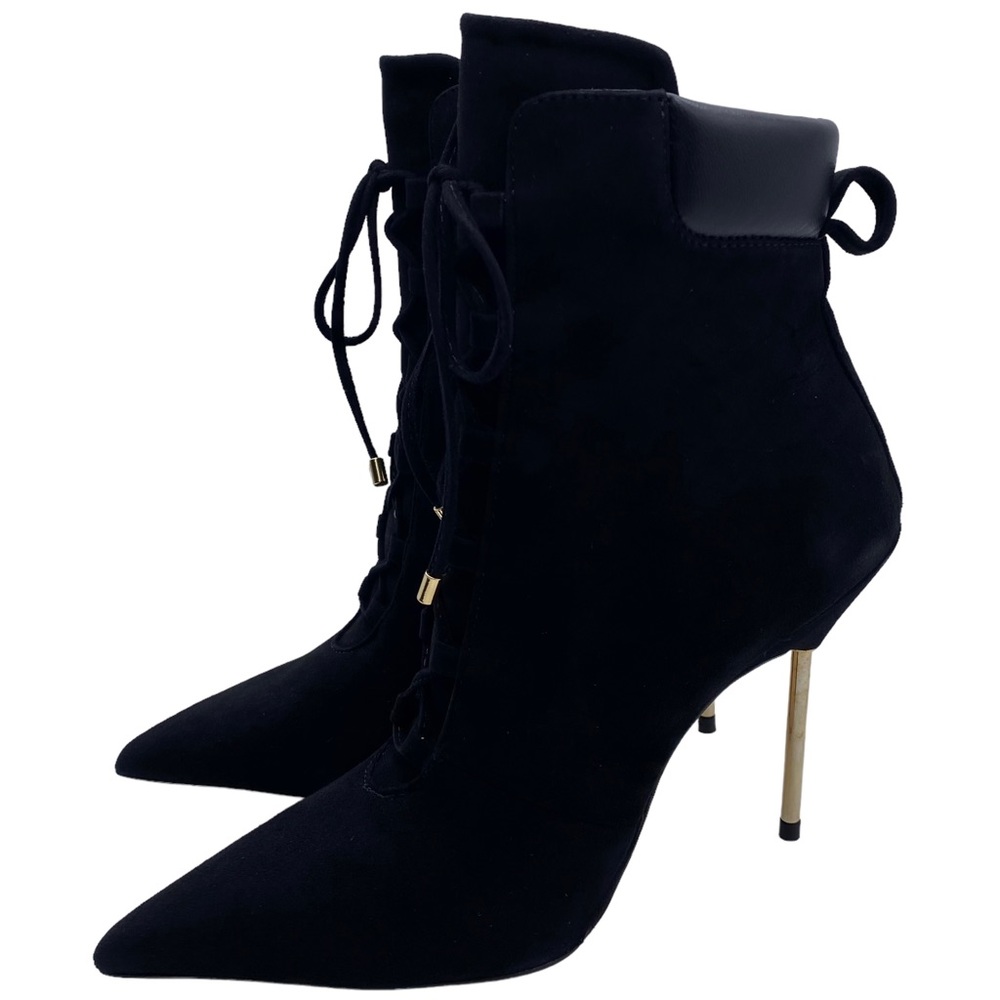 Good American Bootie Scandal Black Suede Leather Lace Up Heeled Ankle Size 7 - Picture 2 of 10